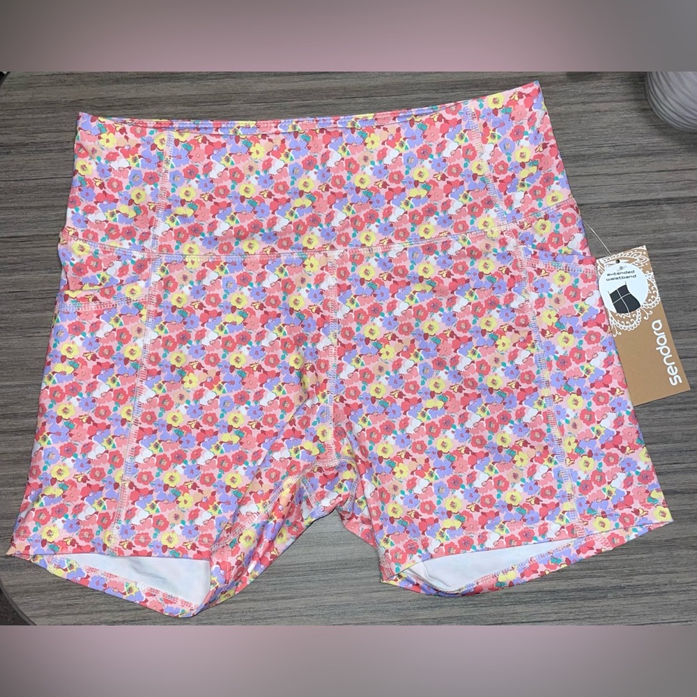 NWT XL Sendara Pink & Yellow Floral Biker Shorts, Extended Waistband, POCKETS!